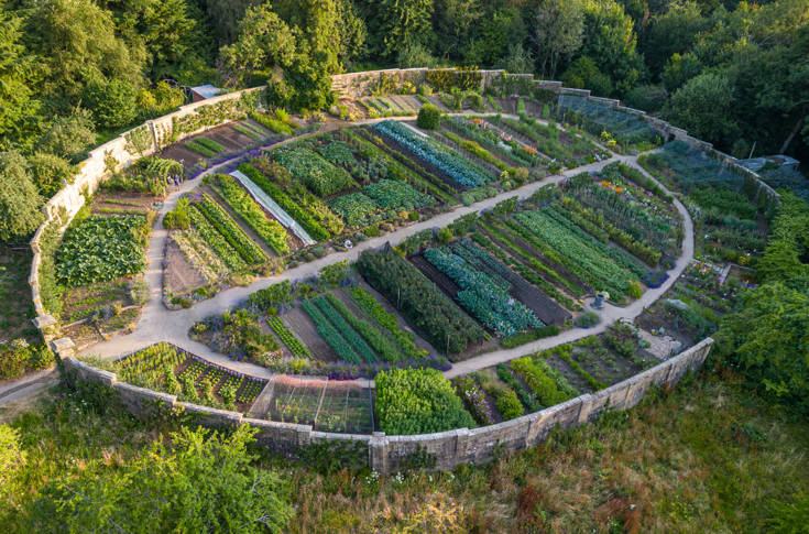 Aerial view of Gravetye Manor in West Sussex, showcasing the historic country hotel and its renowned kitchen garden.